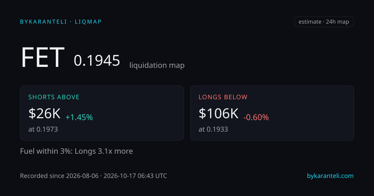 FET liquidation map snapshot card: price, nearest liquidation clusters above and below, fuel skew, 24h, six model venues