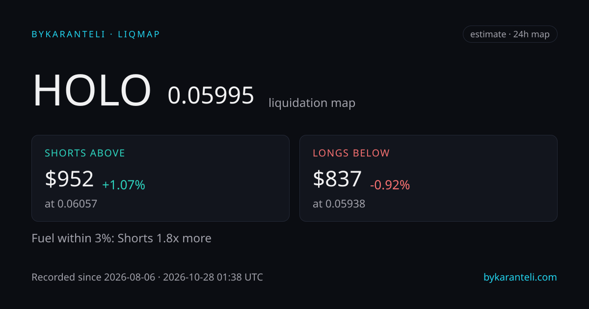 HOLO liquidation map snapshot card: price, nearest liquidation clusters above and below, fuel skew, 24h, six model venues
