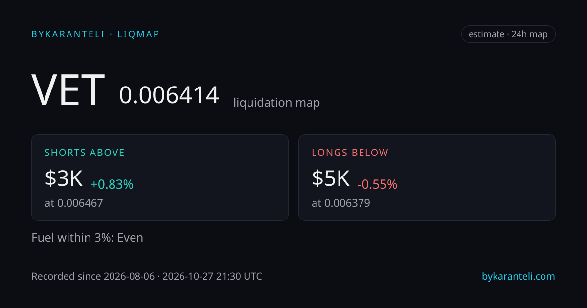 VET liquidation map snapshot card: price, nearest liquidation clusters above and below, fuel skew, 24h, six model venues